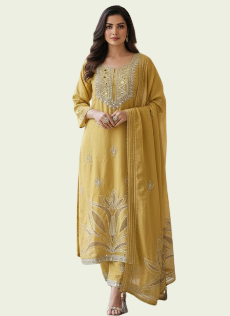 Pakistani Chinon Silk Salwar Suit with Mirror & Cut Work
