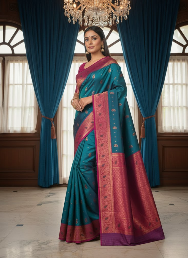 Sea Green Katan Silk Saree – Mina Work & Magenta Border