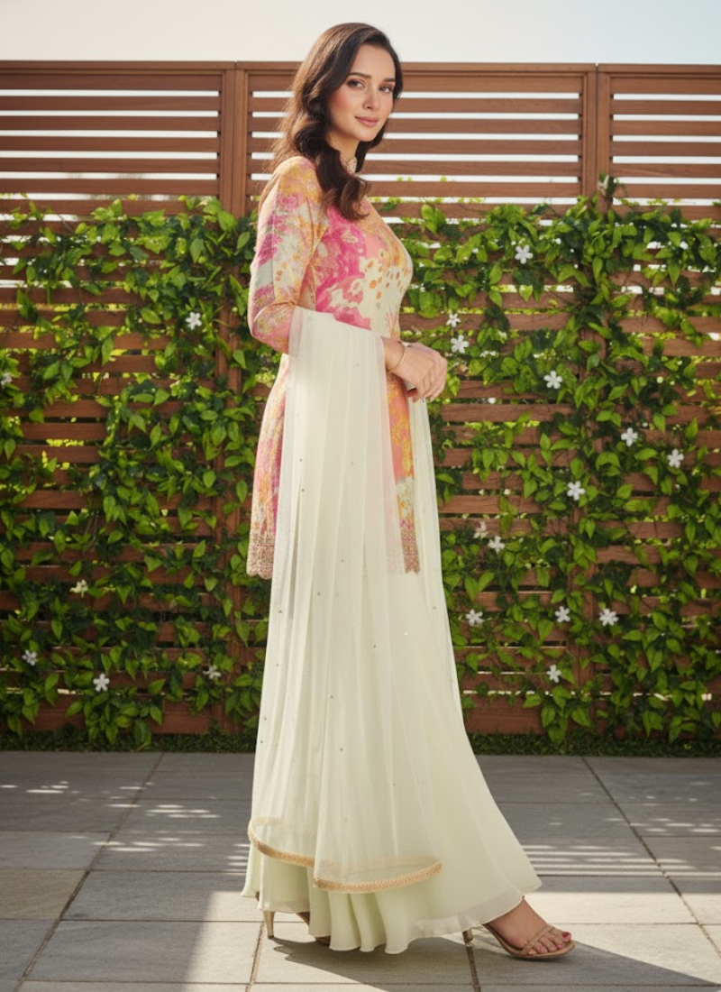 Chinon Silk Embroidered Palazzo Suit with Net Dupatta - View 3