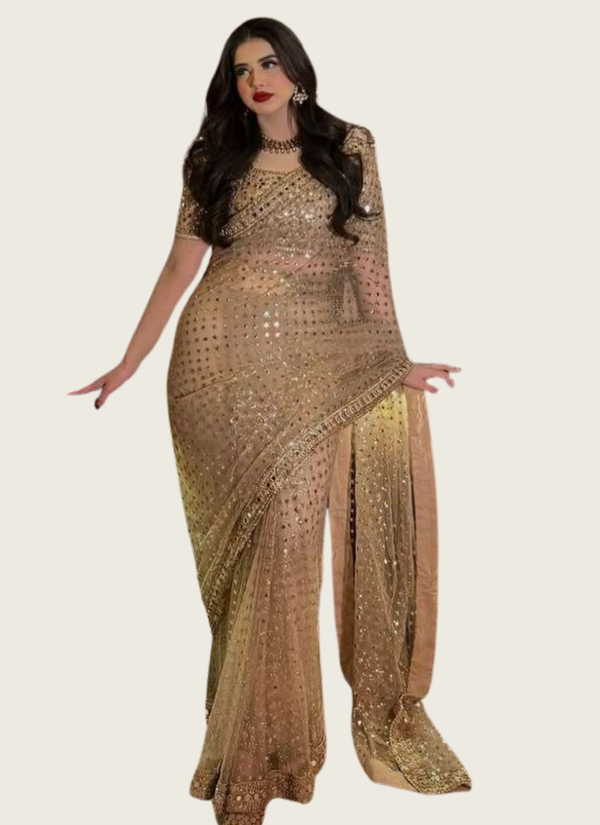 Butterfly Soft Net Saree with Real Mirror & Embroidered Blouse Fabric Australia