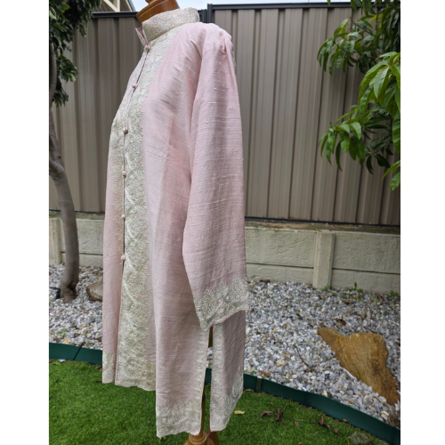 Light Pink Winter Kashmiri Long Coat for Women – Silk with Embroidery