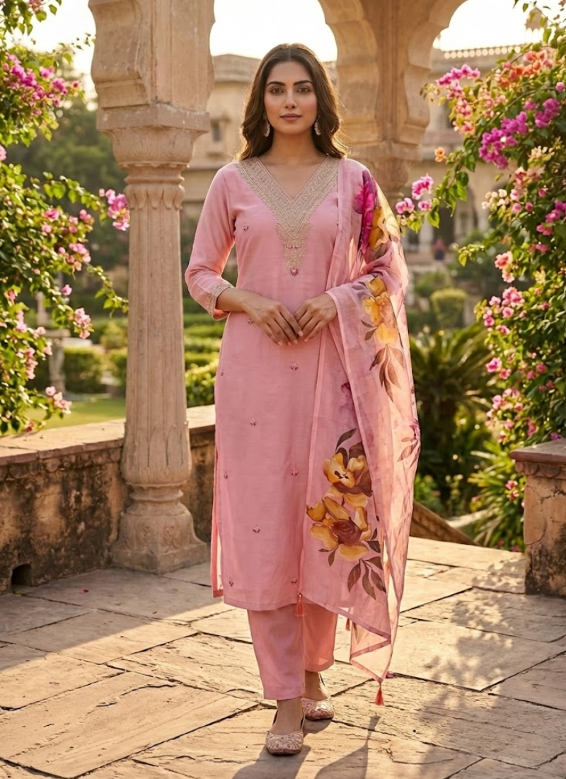 Roman Silk Punjabi Suit with Embroidered Kurti & Digital Print Dupatta