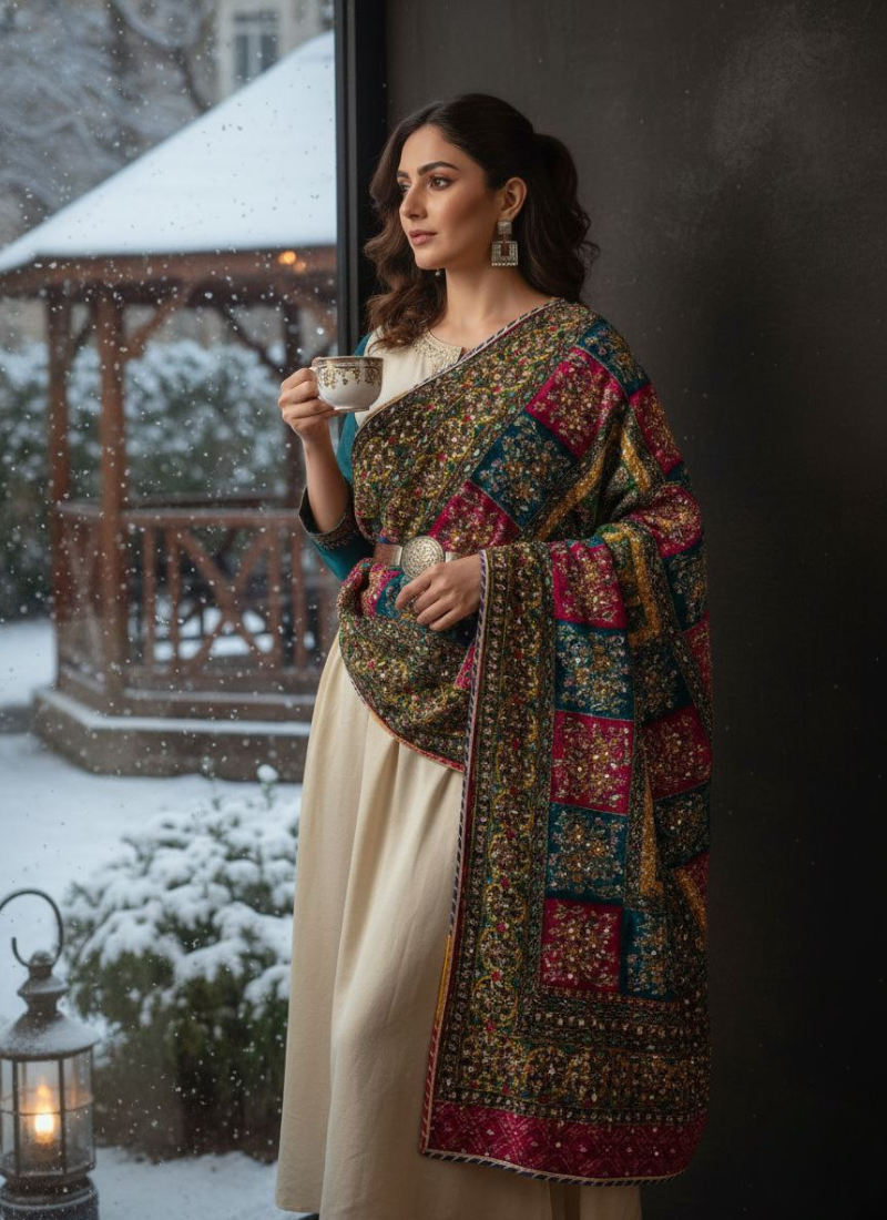 Velvet Winter Shawl with Mirror & Sequence Work – Ladies Shawl