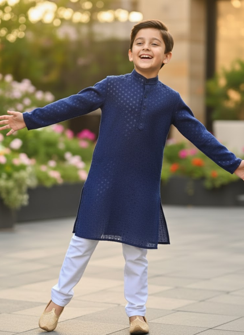 Navy Blue Kids Kurta Pajama – Festive Silk Kurta with Cotton Pyjama