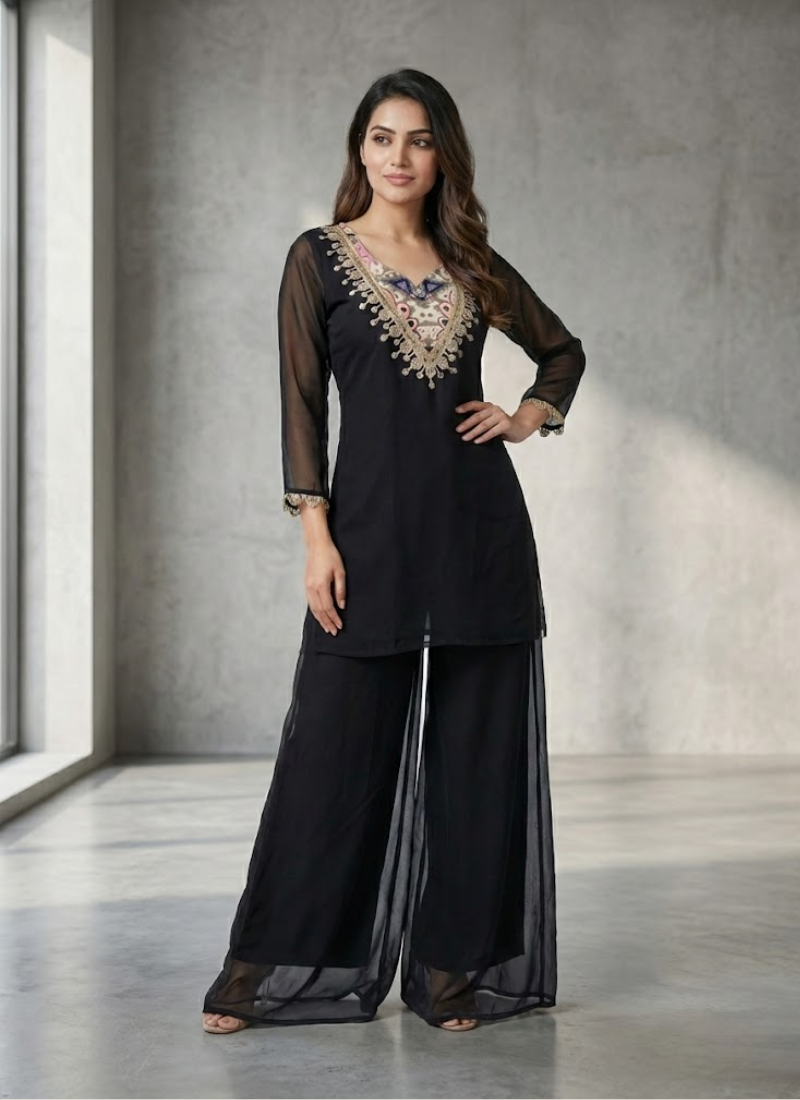 Black Organza Co‑Ord Set with Palazzo, Digital Print Blouse + Mirror Work Top