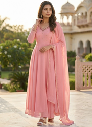 Fox Georgette Anarkali Suit with Handwork & Golden Lace Dupatta 5