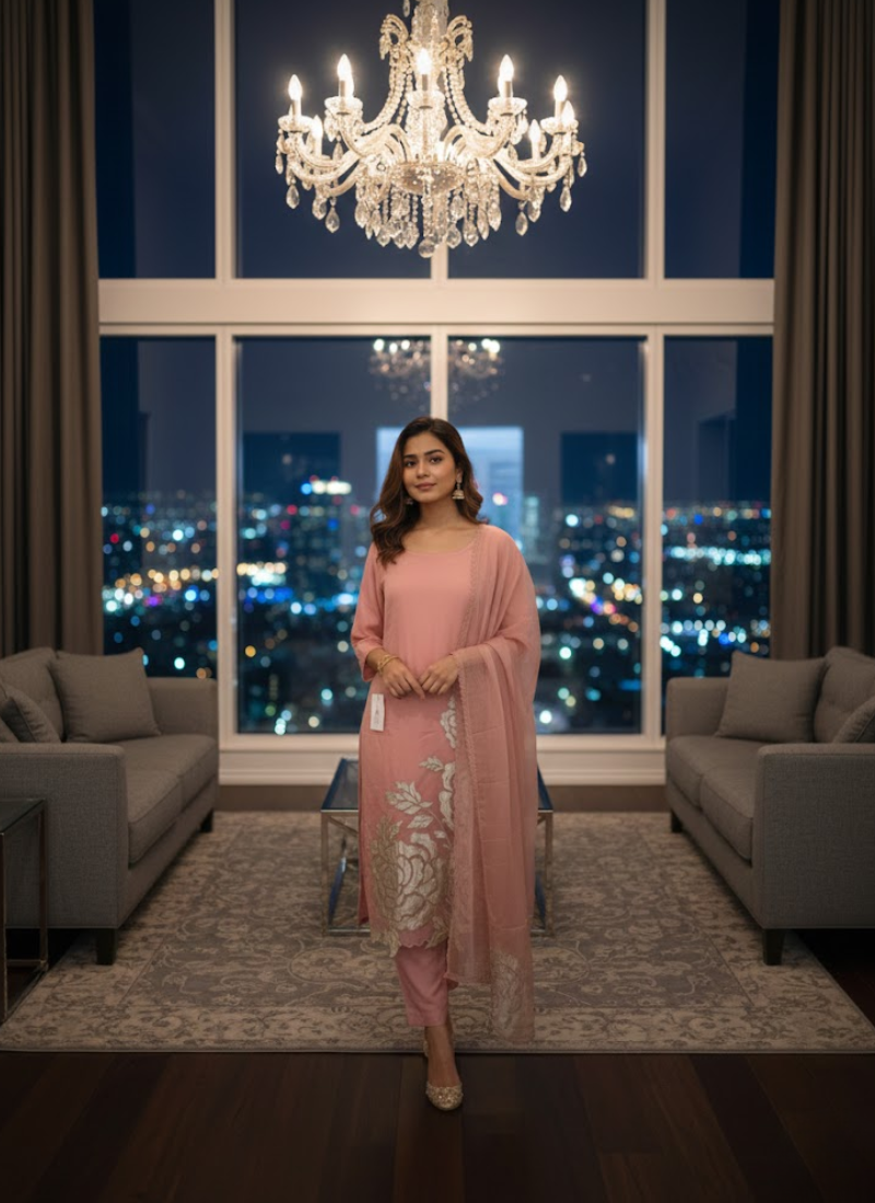 Peach Pink Silk Organza Salwar Kameez with Cut Work Dupatta