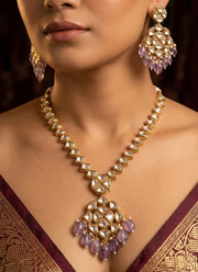 Long Kundan Necklace with Earrings – Light Purple Beads 5