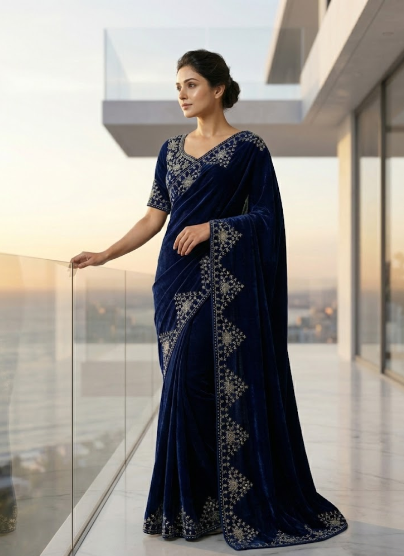 Silk Saree in Pure Velvet with Embroidery Border & Blouse Piece
