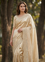 Fendy Satin Silk Saree – Gold Embroidery with Pearl Detailing & Matching Blouse 2