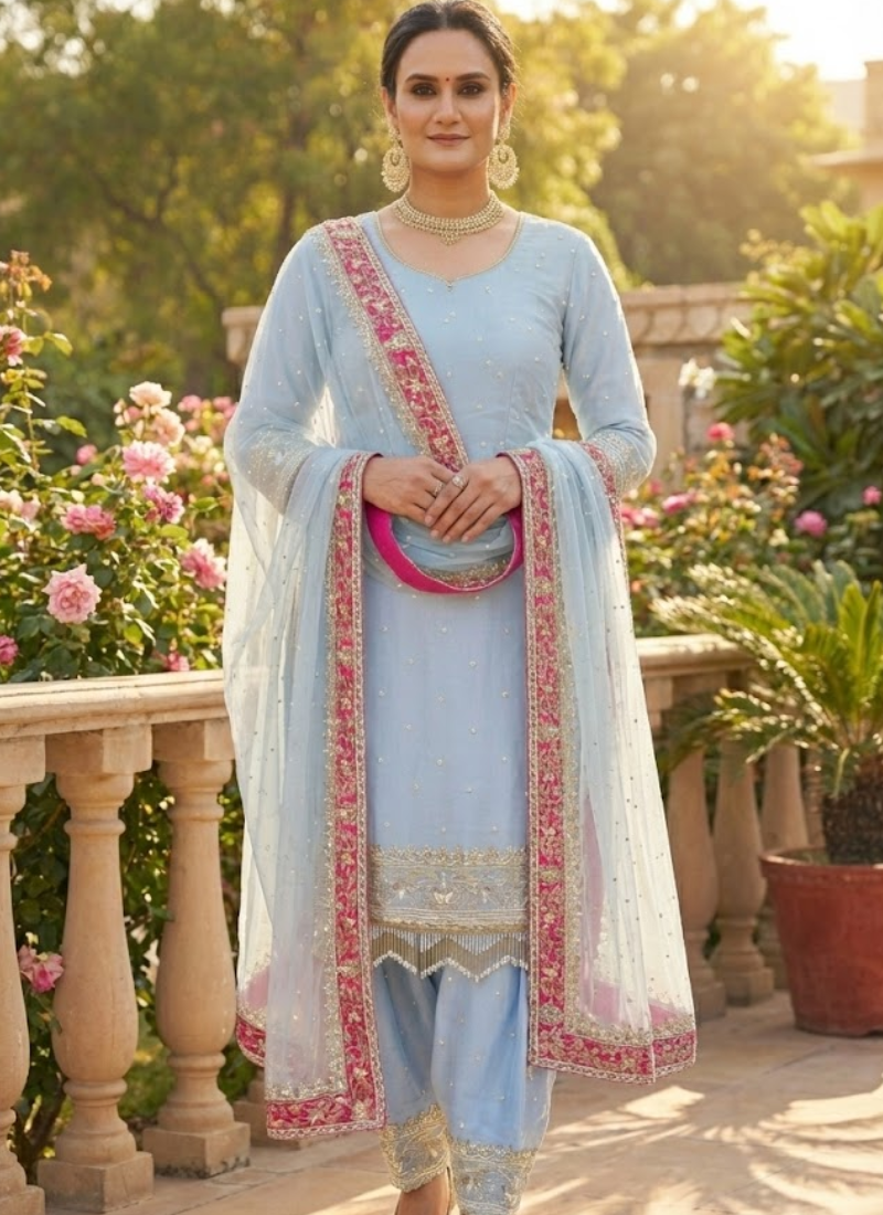 Heavy Georgette Farshi Plazzo Suit with Embroidery & Dupatta