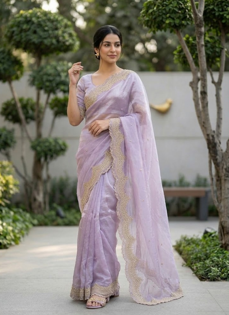 Fendy Satin Silk Saree – Gold Embroidery with Pearl Detailing & Matching Blouse