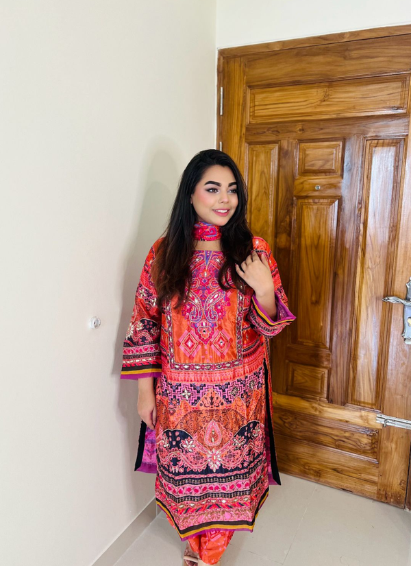 Orange Pink Chinon Silk Salwar Suit with Mirror Work