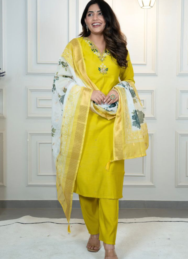 Parrot Roman Silk Salwar Kameez with Handwork & Chanderi Dupatta
