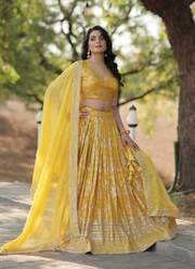 Viscose Jacquard Yellow Lehenga Choli with Sequins Embroidery + Russian Silk Dupatta (Flair 3.5m) 5