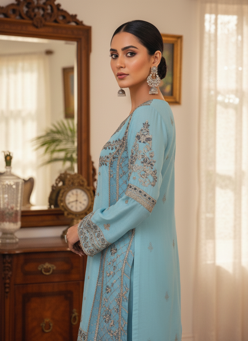 Pakistan Salwar Suit – Light Blue & Navy with Embroidery