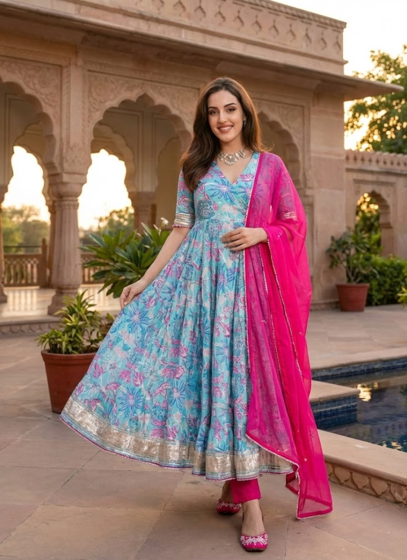 Maslin Anarkali Salwar Suit with Lace Work & Dupatta