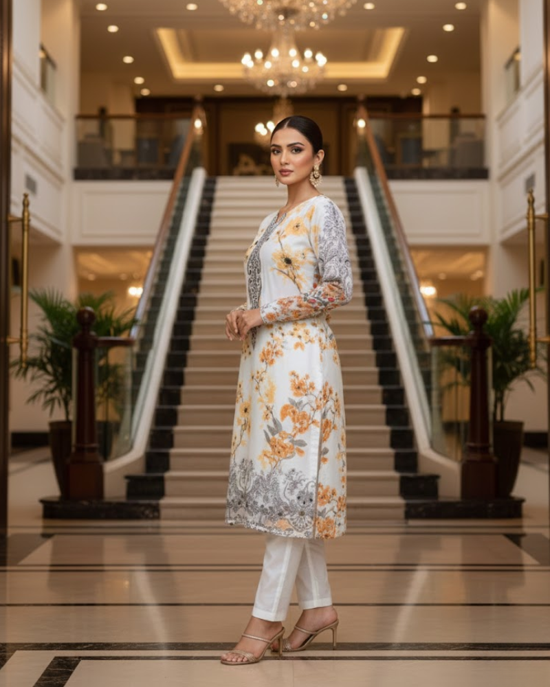 White & Orange Organza Salwar Suit – Floral Print & Pipe Work