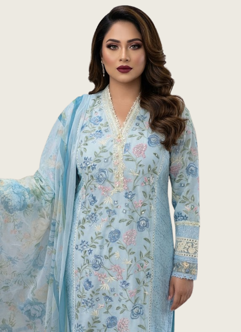 Women’s chiffon salwar kameez with satin salwar, embroidered sleeves, georgette dupatta, and festive detailing.