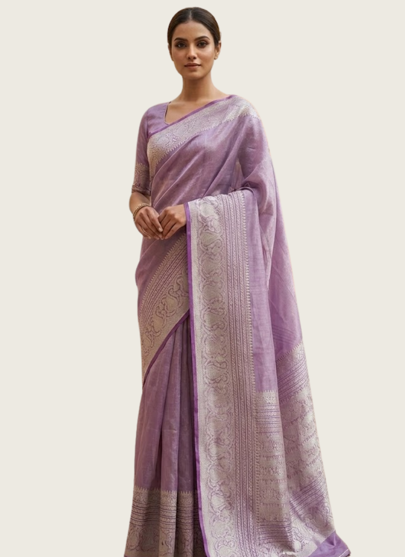 Light Onion Banarasi Tissue Silk Saree with Blouse Piece