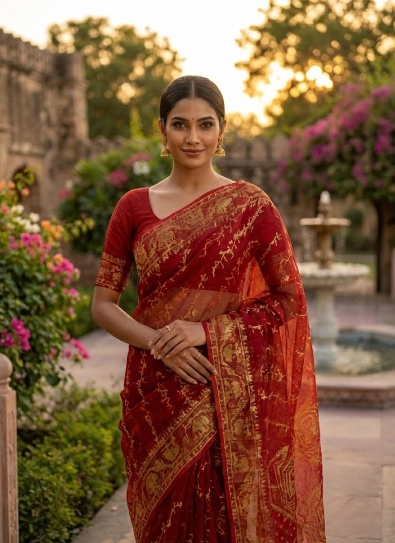 Dark Maroon Jamdani Saree with Mari Thread Work