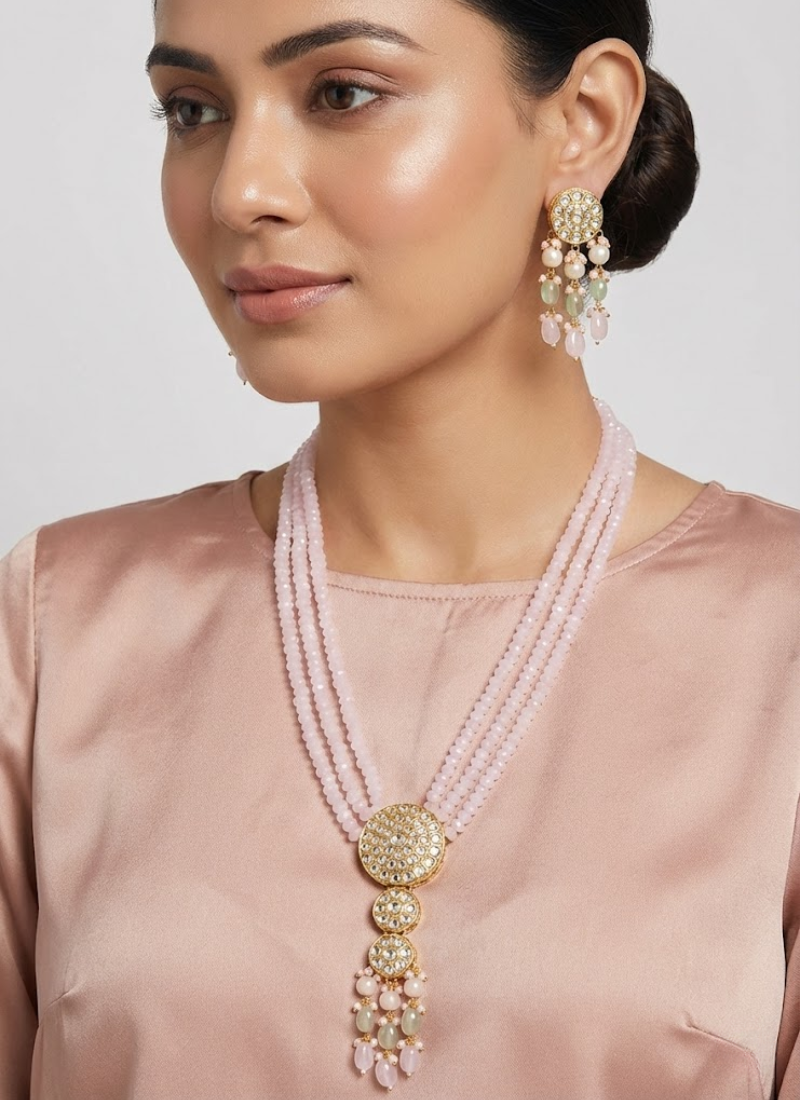 Long Necklace & Earring Set with Kundan & Light Pink Beads Australia