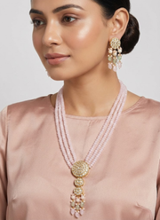 Long Necklace & Earring Set with Kundan & Light Pink Beads 1