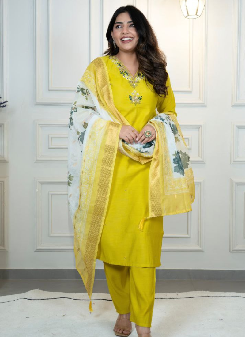 Roman Silk Punjabi Suit with Handwork & Digital Print Chanderi Dupatta