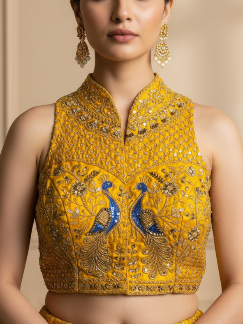 Peacock Silk Party Blouse with Hand Work