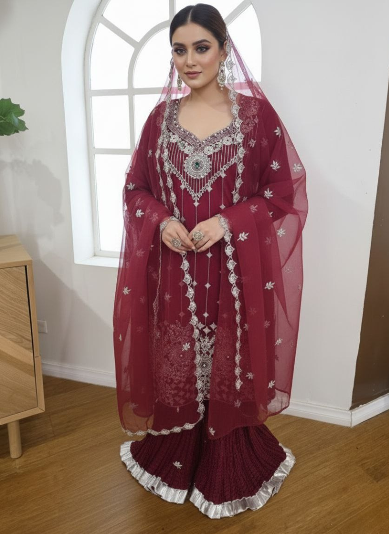 Maroon Pakistani Salwar Suit – Organza with Silver Embroidery