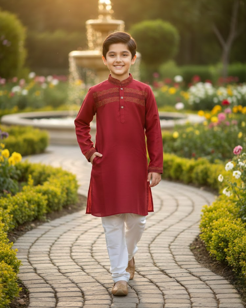 Kids Red Linen Kurta with Embroidery & White Cotton Pyjama