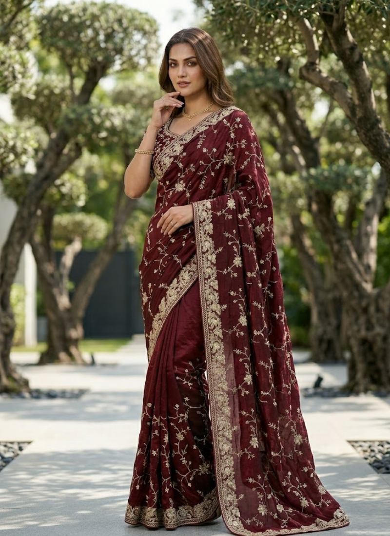 Space Silk Saree – Sequin & Zari Embroidery with Matching Blouse