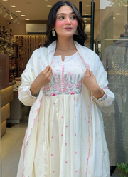Mul Mul Cotton Punjabi Suit with Floral Embroidery & Scallop Dupatta 5