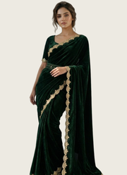 Forest Green Silk Saree in Velvet with Sequins Butti Embroidery, Cutwork & Belt + Blouse 2
