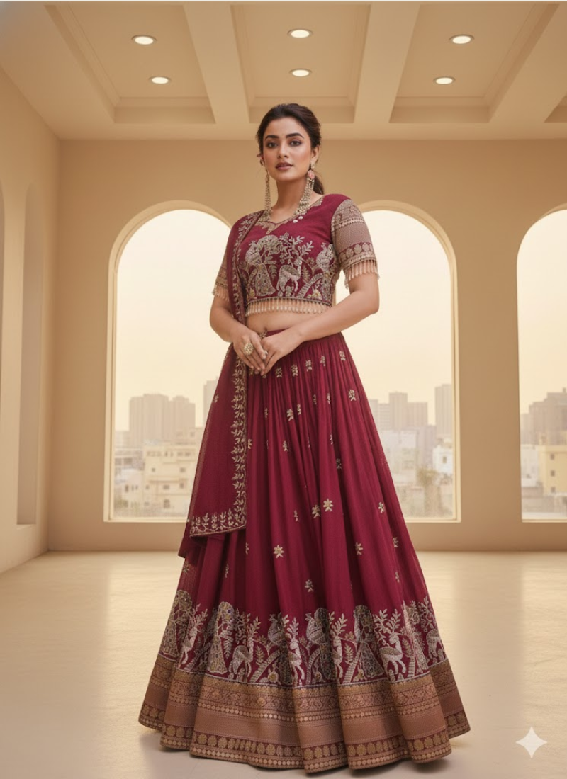 Pure Vichitra Embroidered Lehenga Choli Ensemble
