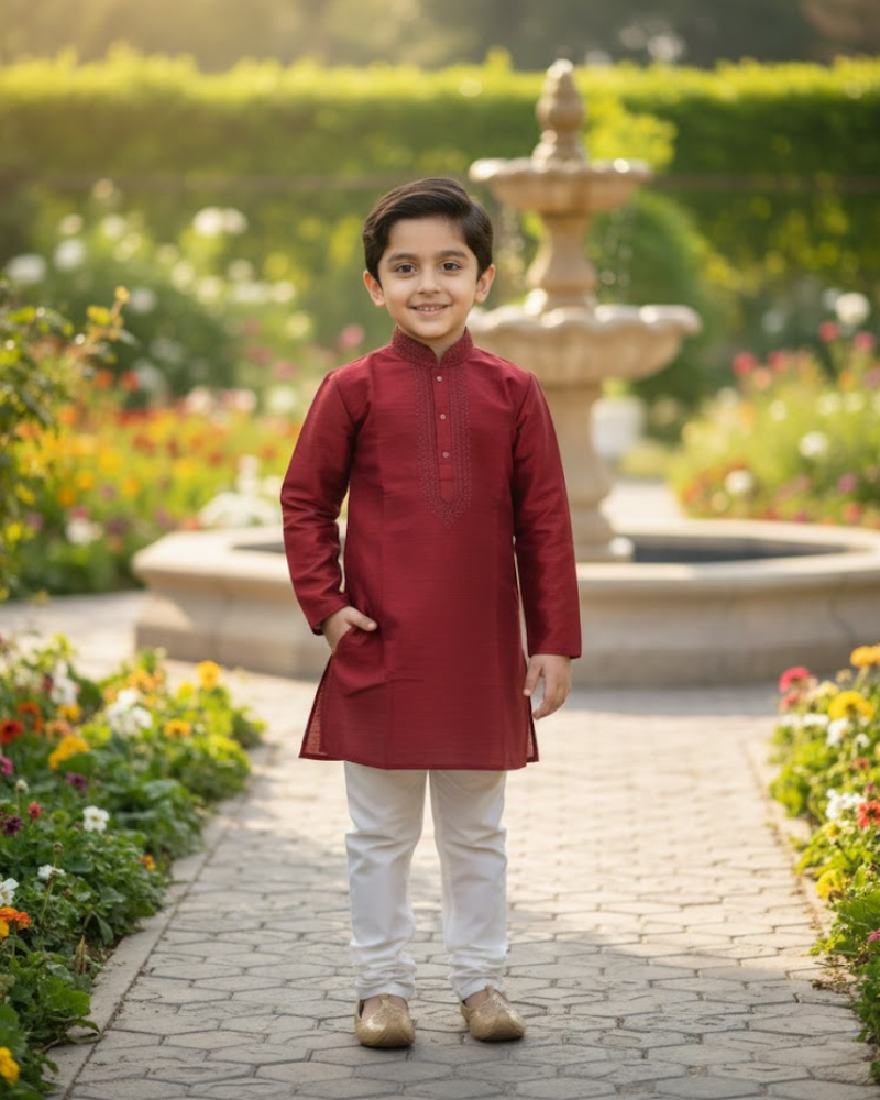 Kids Maroon Raw Silk Kurta with White Cotton Pyjama
