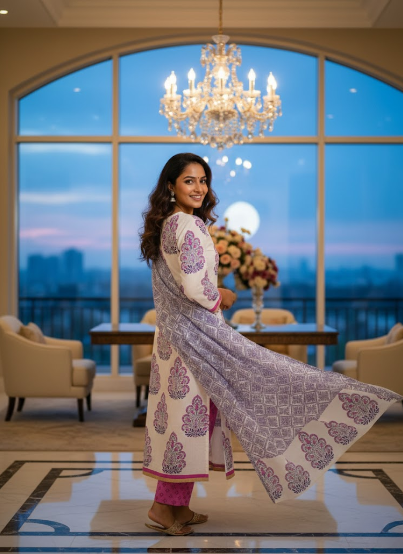 Cotton Block Printed Salwar Suit – White, Blue & Pink