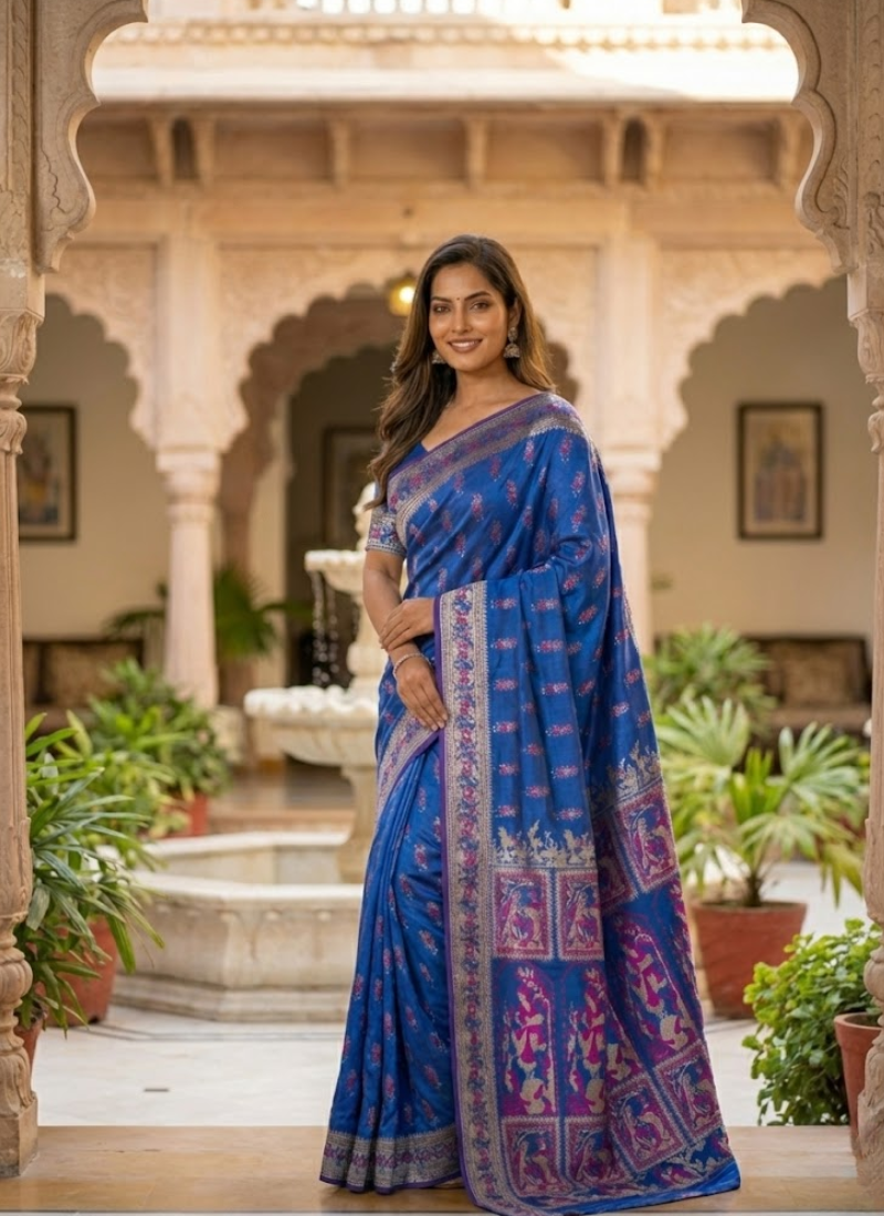 Royal Blue Sharnachura Silk Saree – Zari Work with Blouse Piece