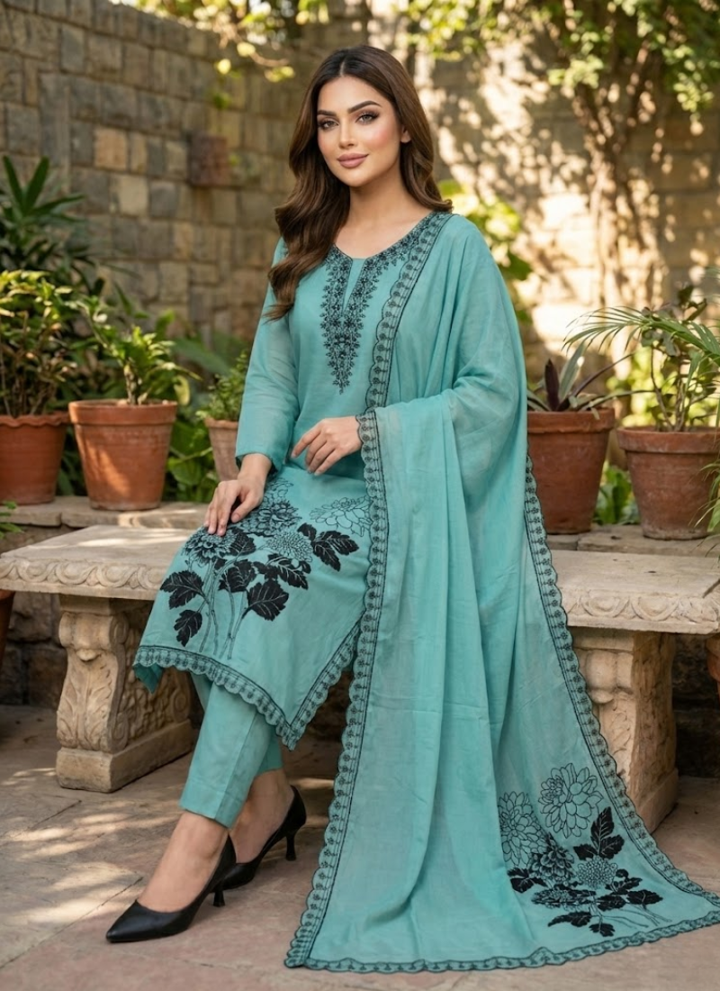 Pest Color Maslin Salwar Suit with Black Thread Embroidery