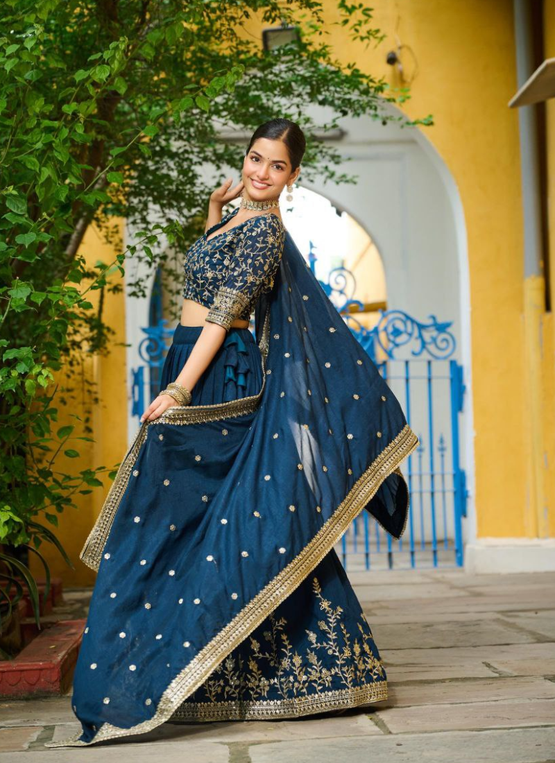 Vichitra Silk Sequins Embroidered Lehenga Set