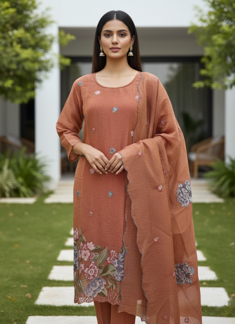 Crepe Silk Salwar Suit – Rust Orange with Floral Embroidery - View 1