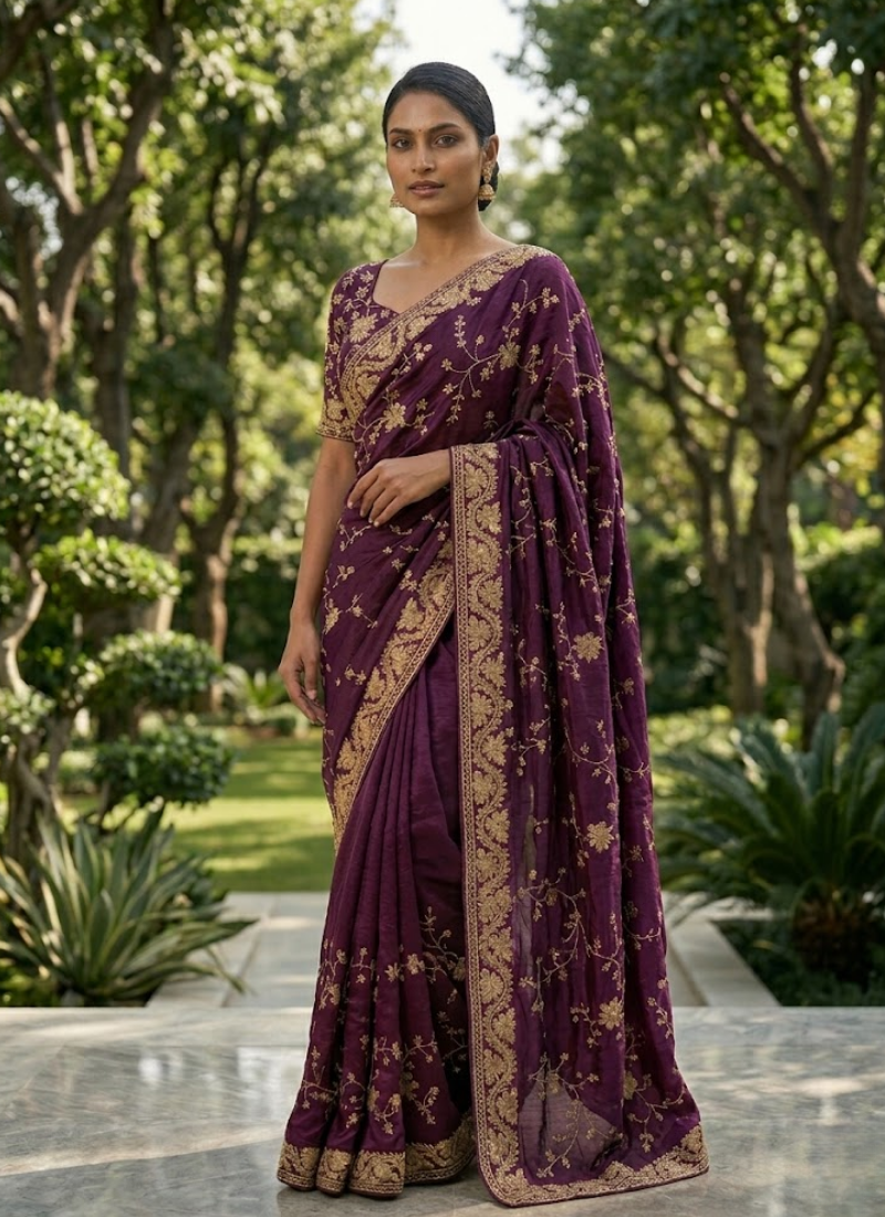 Space Silk Saree – Sequin & Zari Embroidery with Matching Blouse