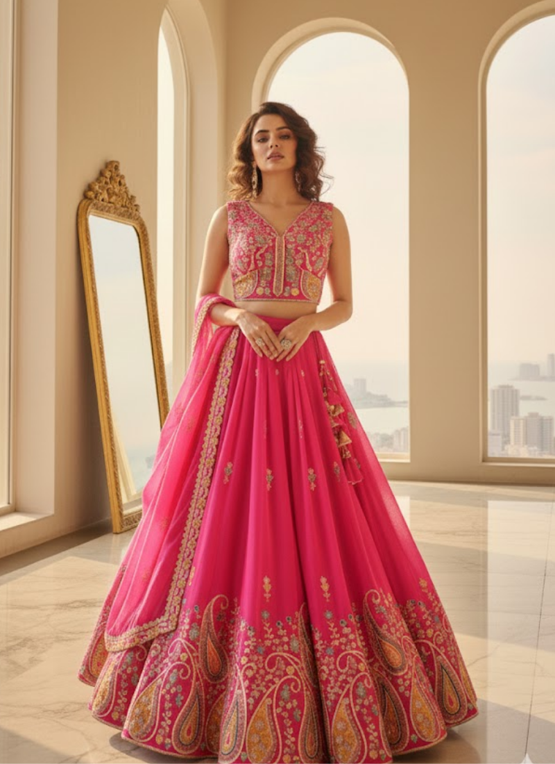 Pure Vichitra Embroidered Lehenga Choli Outfit