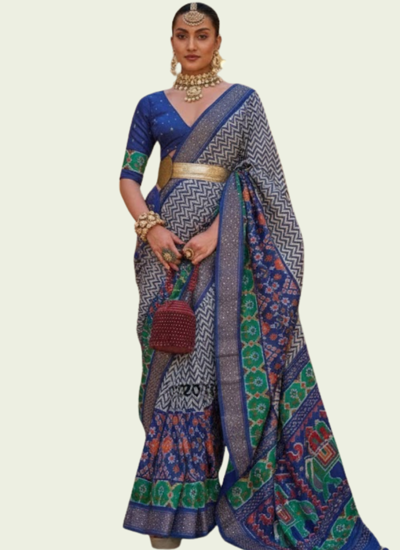 Blue-Green Patoka Saree – Silver Border & Elephant Pallu