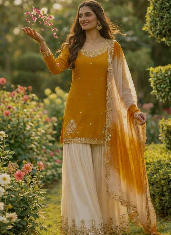 French Crepe Salwar Suit with Organza Dupatta