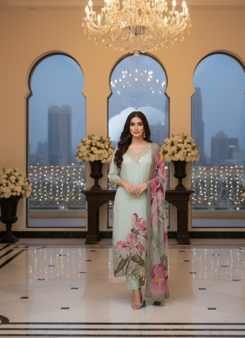 Light Purple Salwar Kameez with Embroidery & Printed Dupatta