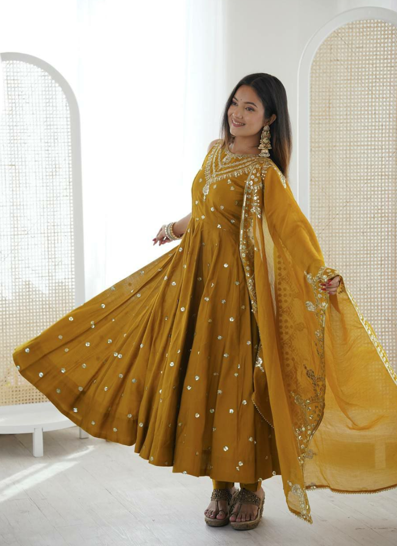 Anarkali Suit in Roman Silk with Sequins Embroidery + Chanderi Dupatta