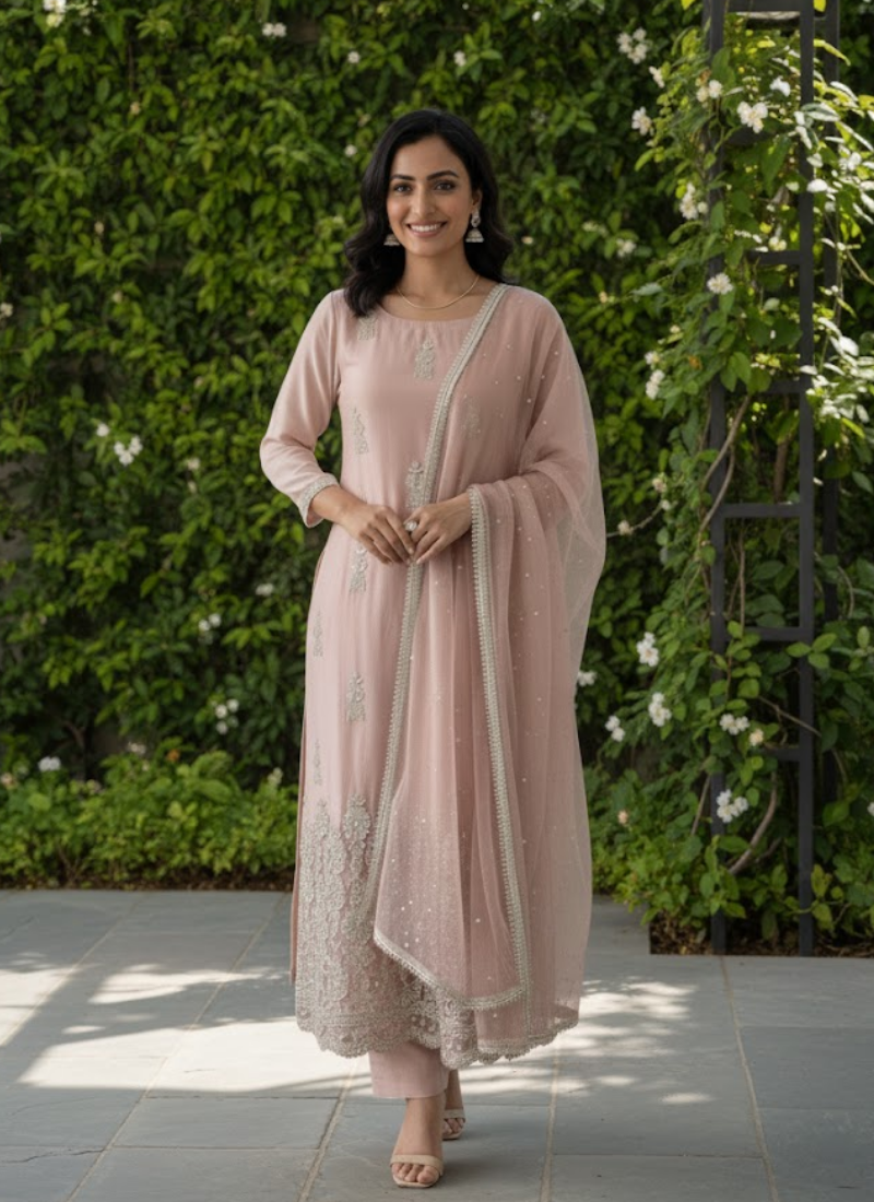 Glass Silk Salwar Suit with Sequins &amp; Chiffon Dupatta