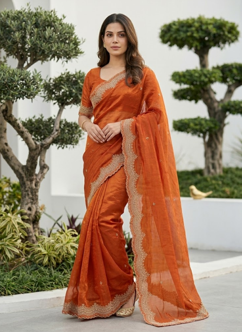 Fendy Satin Silk Saree – Gold Embroidery with Pearl Detailing & Matching Blouse