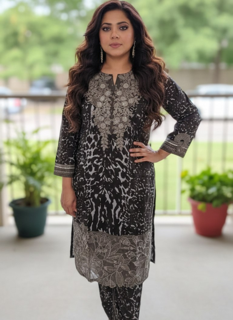 Pakistani lawn cotton salwar kameez with chiffon dupatta, lace sleeves, embroidery, tassels, and premium detailing